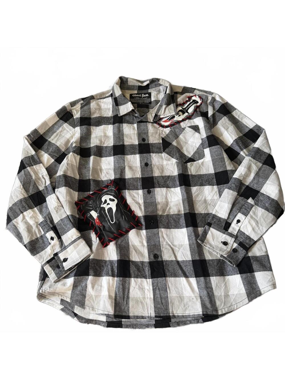 Ghost Face Flannel Large Black White Plaid Horror Scream Button Up Shirt